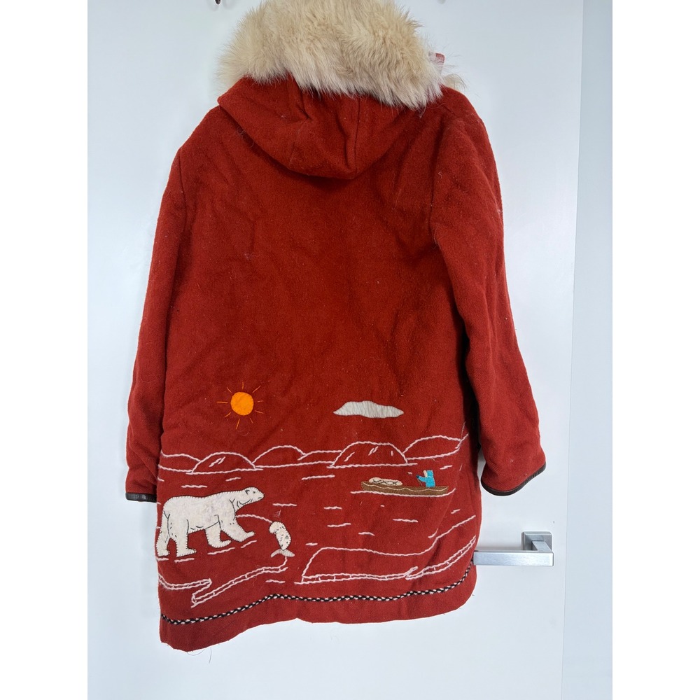 James Bay Vintage Wool Parka Red Fur Hood Embroidered Inuit Art Coat Womens 14